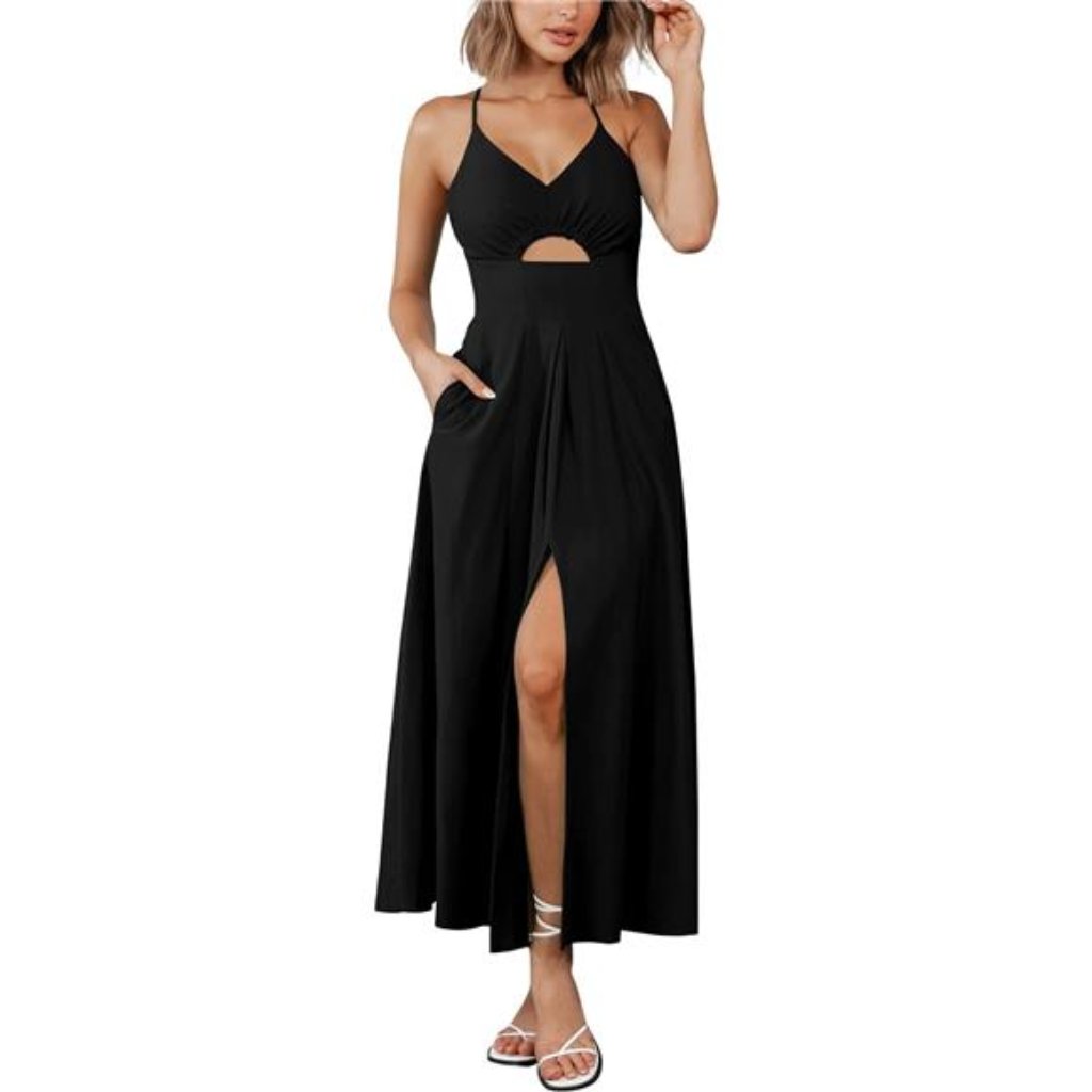 Spaghetti Strap Dress Sleeveless V Neck Slit Maxi Dress With Pocket For Women